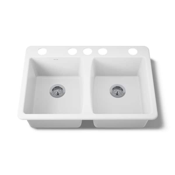 Deerfield Undermount Cast Iron 33 in. 5-Hole Double Bowl Kitchen Sink in White