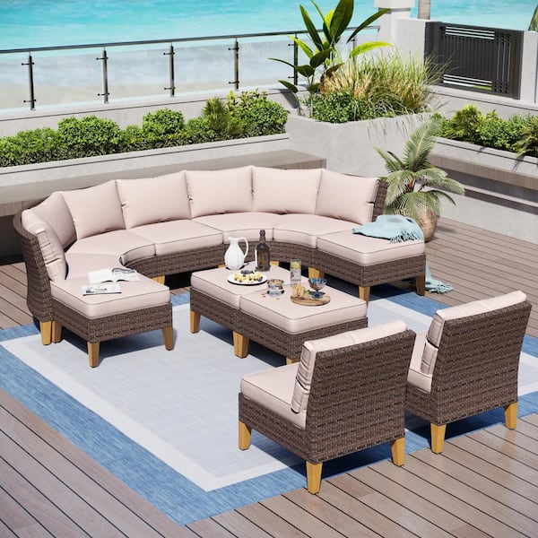 PHI VILLA Brown Rattan Wicker 11 Seat 11-Piece Steel Patio Outdoor Sectional Set with Beige Cushions
