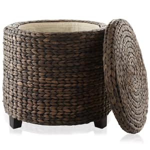 Brown Espresso 17.75 in. W x 17.5 in. H Wicker Water Hyacinth Storage Ottoman Footrest