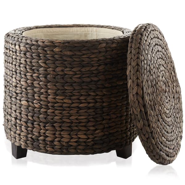 Casafield Brown Espresso 17.75 in. W x 17.5 in. H Wicker Water Hyacinth Storage Ottoman Footrest