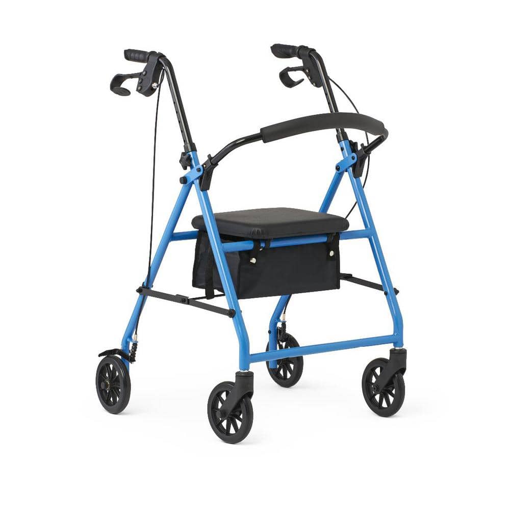 Medline - Mobility Lightweight Folding Aluminum Rollator Walker with 6-inch Wheels, Adjustable Seat and Arms - Light Blue