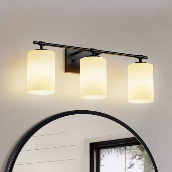 YANSUN 24 in. 3-Light Black Vanity Light with White Cylinder Glass Shades for Bathroom, Mirror, Dressing Room