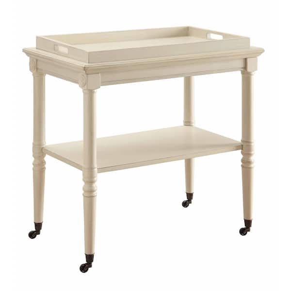Tileon Antique White Wooden Kitchen Utility Table With Removable Tray and 4-Metal Wheels
