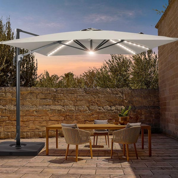 JOYESERY 11.5 ft. x 9 ft. Outdoor Rectangular Cantilever LED Patio Umbrella, Solution-Dyed Fabric Aluminum Frame in Gray