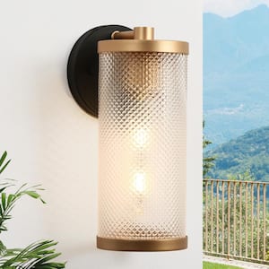 Modern Satin Gold 1-Light Outdoor Wall Sconce Textured Black Cylinder Outdoor Wall Light with Textured Glass Shade