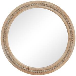28 in. x 28 in. Distressed Round Framed Brown Wall Mirror with Beaded Detailing