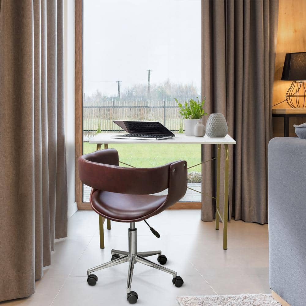 Modern Brown Faux Leather Swivel Task Chair with Metal Base