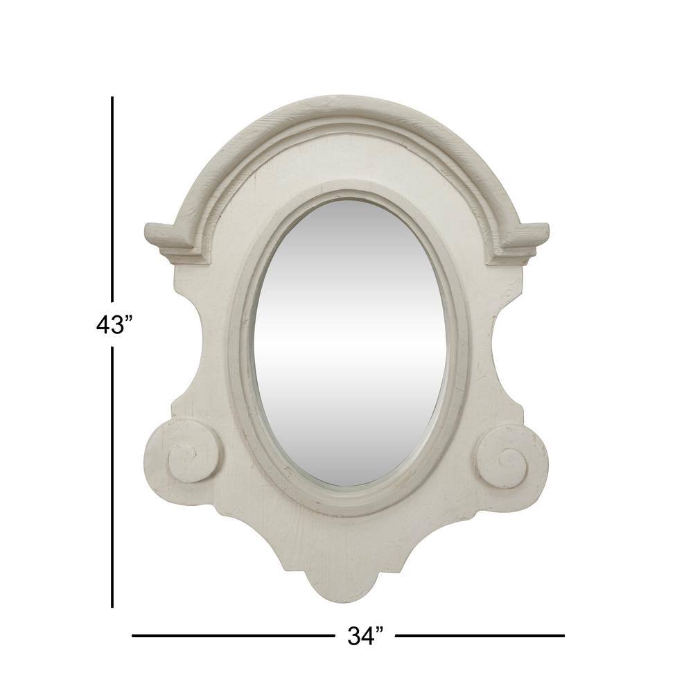Large Antique Cream Wood Oval Wall Mirror with Carved Scrolls