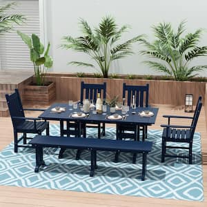 Hayes Navy Blue 6-Piece HDPE Plastic Rectangular Outdoor Armchair Dining Table Set with Bench