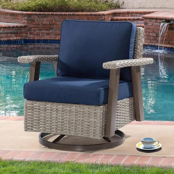 1-Piece Rocking and Swivel Outdoor Ergonomic Patio Chair with Blue Cushions