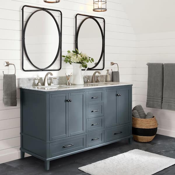 Home Decorators Collection Merryfield 61 in. Double Sink Freestanding Dark  Blue-Grey Bath Vanity with White Carrara Marble Top (Assembled)  19112-VS61-DG - The Home Depot