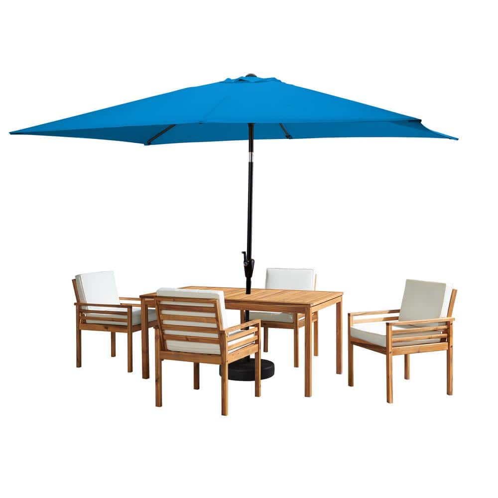 Alaterre Furniture 6 -Piece Set, Okemo Wood Outdoor Dining Table Set with 4 Cushioned Chairs, 10 ft. Rectangular Umbrella Bright Blue