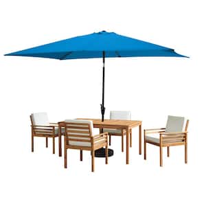 6 -Piece Set, Okemo Wood Outdoor Dining Table Set with 4 Cushioned Chairs, 10 ft. Rectangular Umbrella Bright Blue