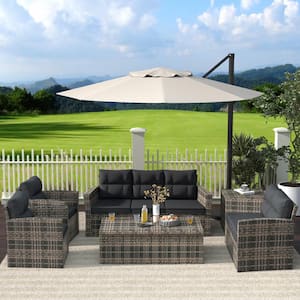 Alpine 6-Piece Rattan Wicker Outdoor Patio Conversation Set with Gray Cushions