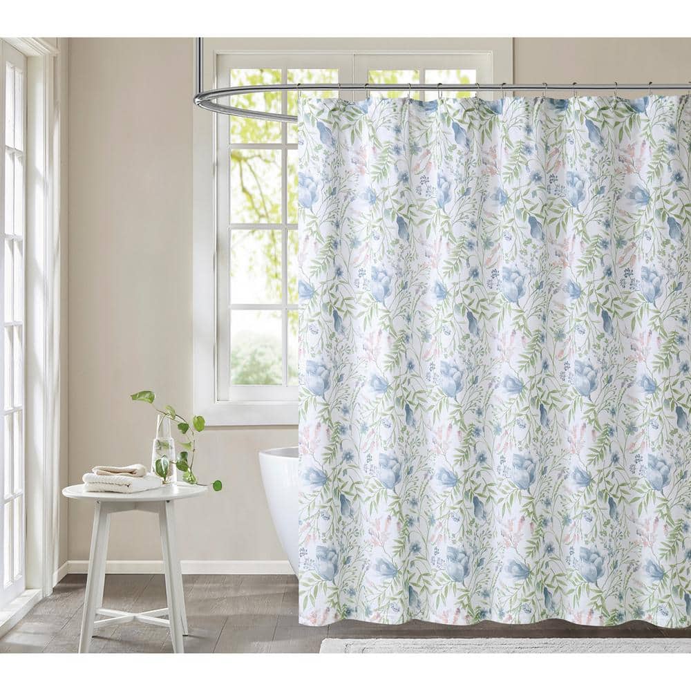 Cottage Floral Blue and Green Cotton Shower Curtain