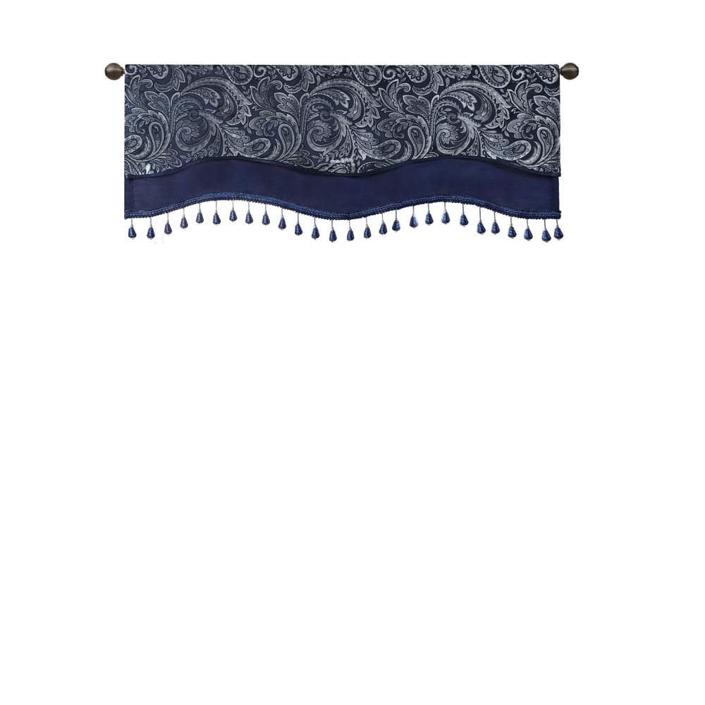 Navy Faux Silk Jacquard Beaded Window Valance