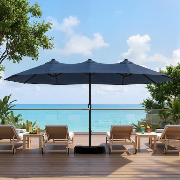 extra large patio umbrellas with stand 15ft Solar Double-Sided Twin Umbrella Led Lights and Base it comes with 36 LED lights (3 on each rib) powered by 3 solar panels Yardsight 15 ft. Double Sided
