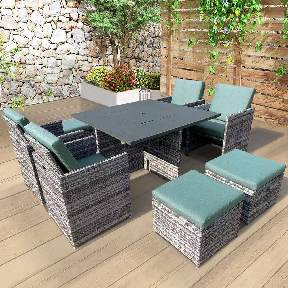 9-Pieces Patio Rattan Outdoor Sectional Set with Firepit Table, Storage Box