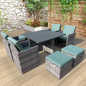 9-Pieces Patio Rattan Outdoor Sectional Set with Firepit Table, Storage Box, Ice Bucket, Green Cushion - Aluminum Frame