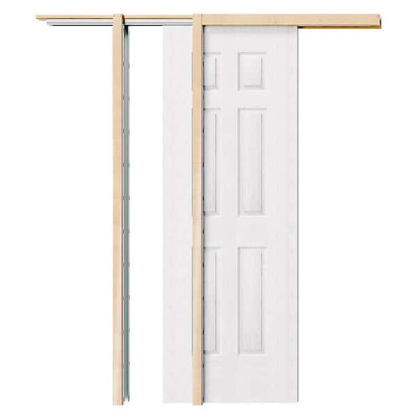 30 in. x 80 in. White Primed Hollow Wood 6 Panel MDF Textured Sliding Pocket Door with Soft Close, Frame and Hardware