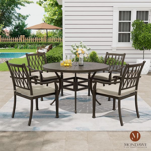 48 in. W Brown Cast Aluminum Outdoor Patio Round Dining Table with Retro Table Top and Umbrella Hole