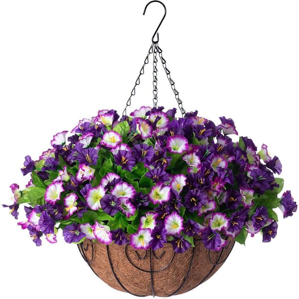 21 in. Purple Edge Artificial Hanging Flowers in Coconut Lining Basket Chrysanthemum