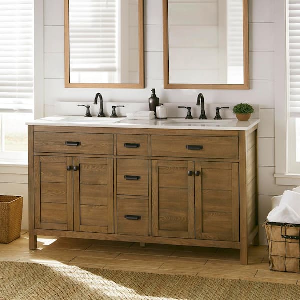 Stanhope 61 in. Double Sink Reclaimed Oak Bath Vanity with Crystal White Engineered Stone Top (Assembled)