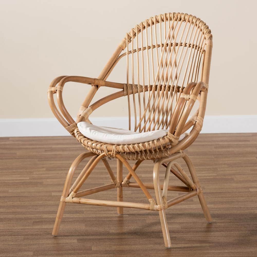 Jayden White Leather and Natural Rattan 31" Accent Chair