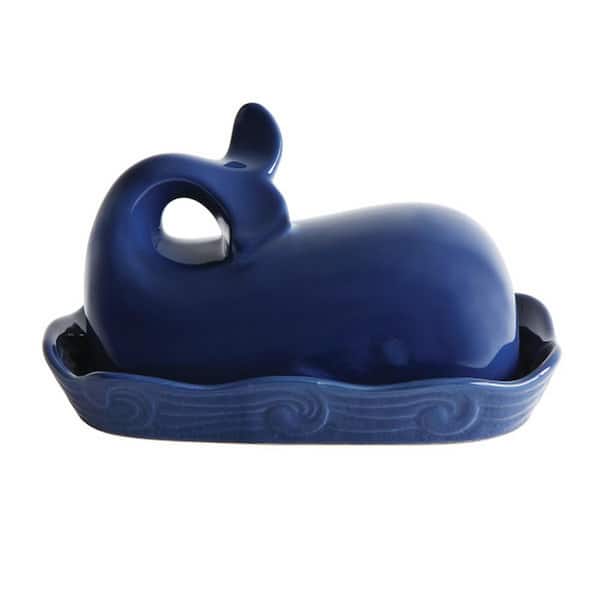 Storied Home 6 oz. Coastal Stoneware Whale Shaped Butter Dish in Navy Blue