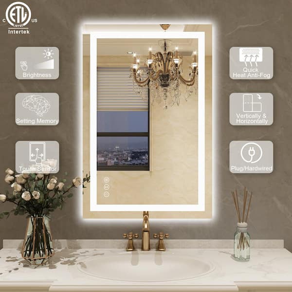 Klajowp 36 in. W x 24 in. H Small Rectangular Frameless Anti-Fog LED Light  Wall Mounted Bathroom Vanity Mirror in White SM01-6090-02 - The Home Depot