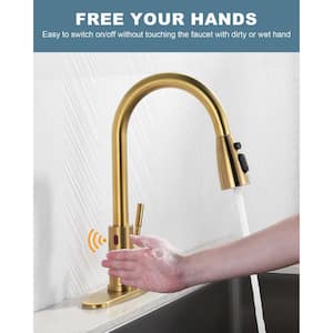 Touchless Single-Handle Pull Down Sprayer Kitchen Faucet, Smart Motion Sensor Kitchen Sink Faucet in Gold