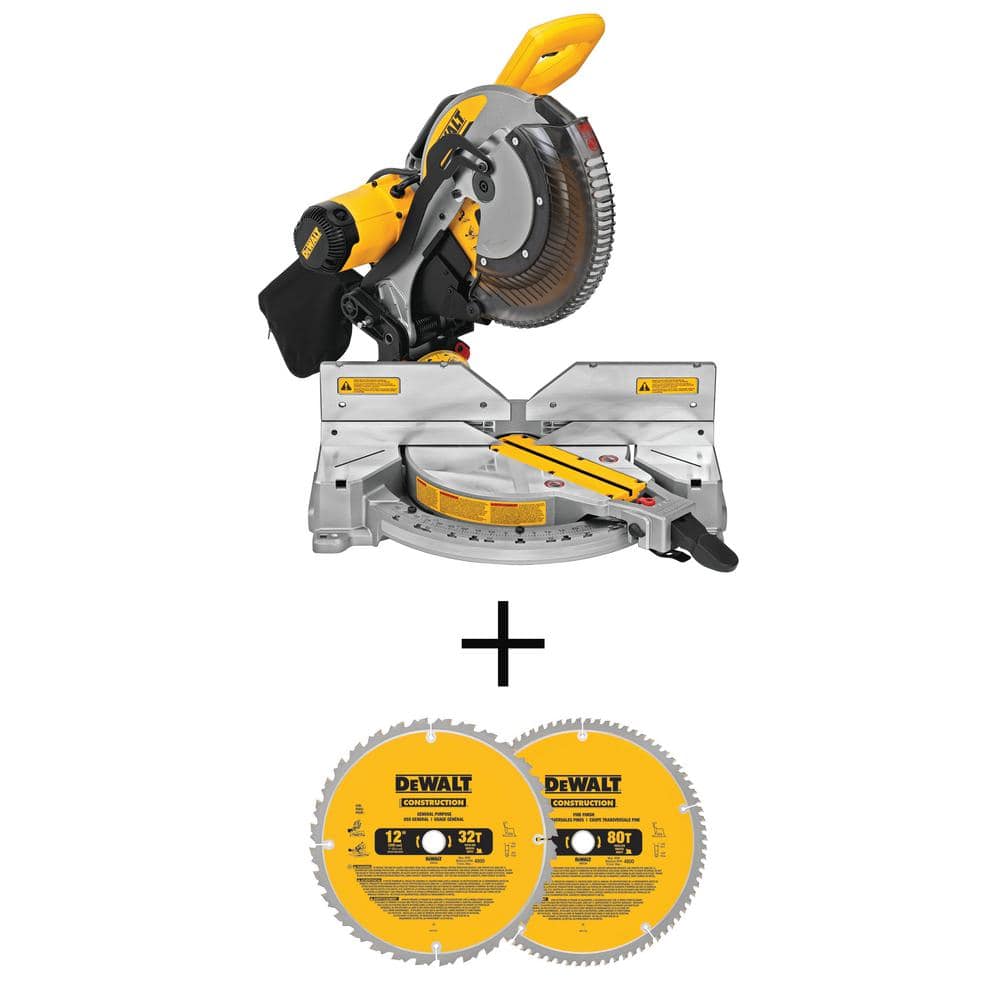DEWALT 15 Amp Corded 12 in. Compound Double Bevel Miter Saw and 12 in. Miter  Saw Blade 32-Teeth and 80-Teeth (2 Pack) DWS716WDW3128P5 The Home Depot