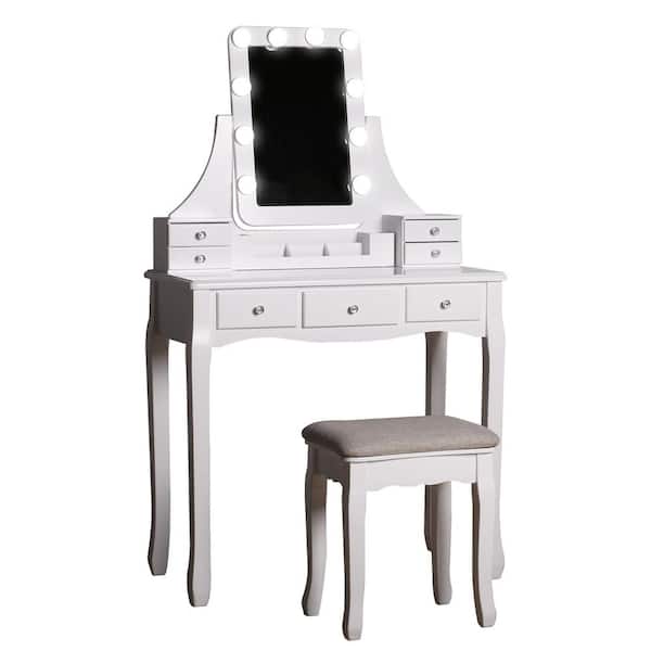 Modern White Wooden Vanity Makeup Table Sets With Rectangle Led Light Mirror And Stool Szt008 The Home Depot