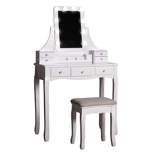 Adreamess Womens 2-Piece Vanity Set Furniture Wooden with 12 LED Light Mirror Cushioned Stool Dressing Makeup Table