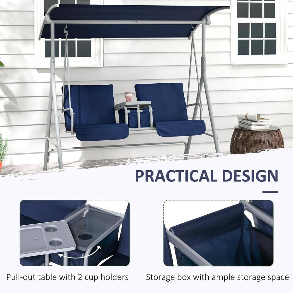 Dark Blue Metal 2-Person Porch Swing with Canopy and Cushions
