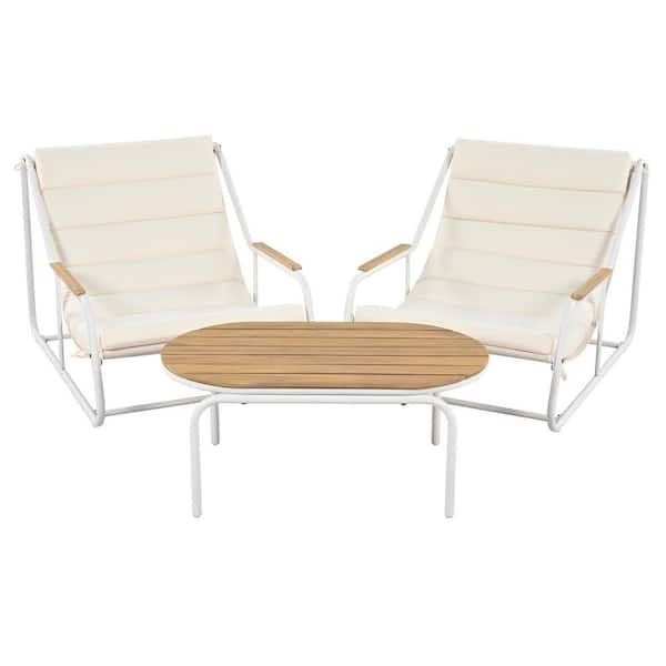 White Metal Outdoor Chaise Lounge Set Chair with Beige Cushion and Side Table