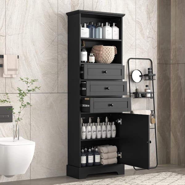 aisword Multifunctional MDF Storage Cabinet with Adjustable Shelves and 3 Drawers for Bathroom, Kitchen and Living Room - Black
