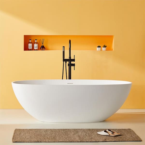 Abruzzo 65 in. x 29.5 in. Freestanding Soaking Solid Surface Bathtub with Center Drain in Matte White