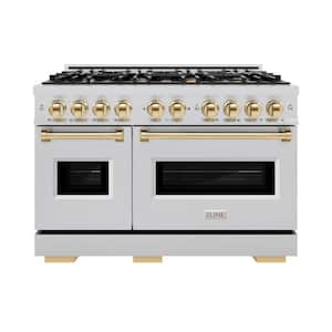 Classic 48 in. 8-Burner Dual Fuel Range with Double Oven in Stainless Steel and Polished Gold