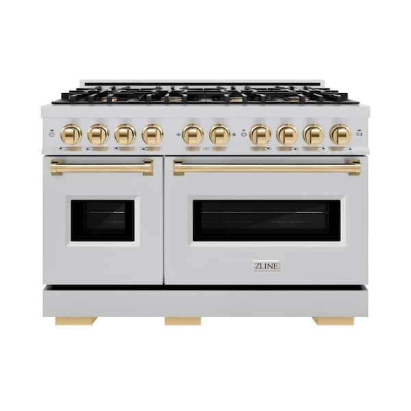 ZLINE Kitchen and Bath Classic 48 in. 8-Burner Dual Fuel Range with Double Oven in Stainless Steel and Polished Gold