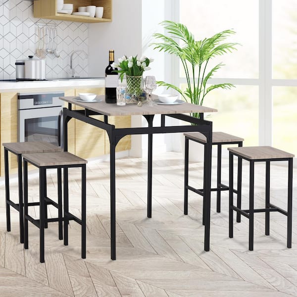 Grey Modern Kitchen Table Set, Wood And Iron Dining Table Sets
