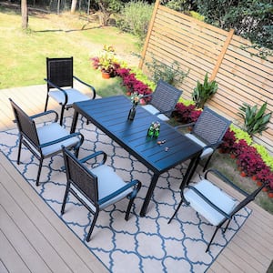 Black 7-Piece Metal Patio Outdoor Dining Set with Expandable Table and Rattan Arm Chairs with Beige Cushion