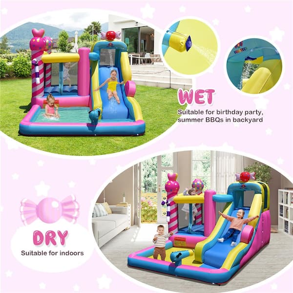 Inflatable Bounce House Sweet Candy Bouncy Castle Bounce House with Water Slide and 480-Watt Blower