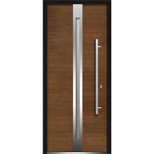 36 in. x 80 in. Single Panel Left-Hand/Inswing 1 Lite Frosted Glass Brown Finished Steel Prehung Front Door with Handle