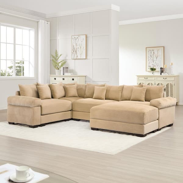 Harley 116.9 in. Cloud Corduroy Upholstery L-Shaped Sectional Sofa in. Brown with Ottoman, 13 Throw Pillows, Camel