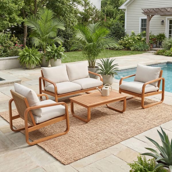 George 4-Piece Patio Outdoor Conversation Set with Grey Cushions, Loveseat & Club Chair, Teak Rectangle Coffee Table