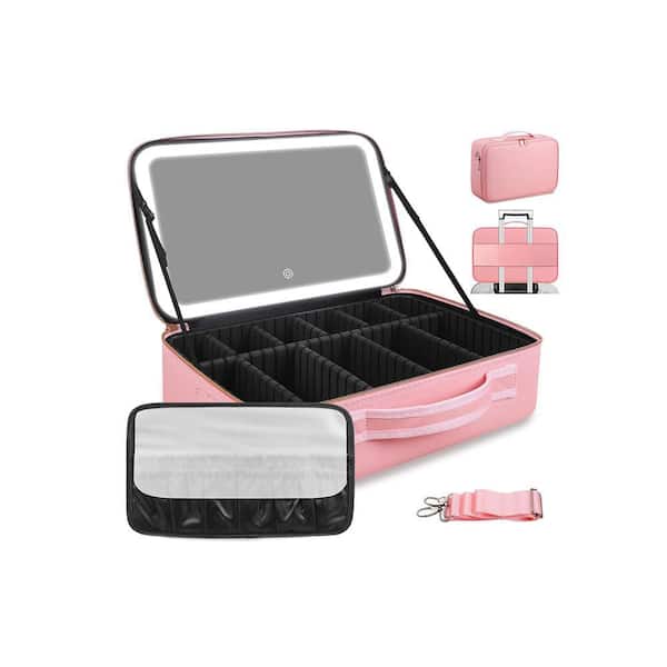 Black Large Capacity Makeup Bag w/LED Mirror, Professional Travel Case Organizer w/3 Color Light & Adjustable Brightness