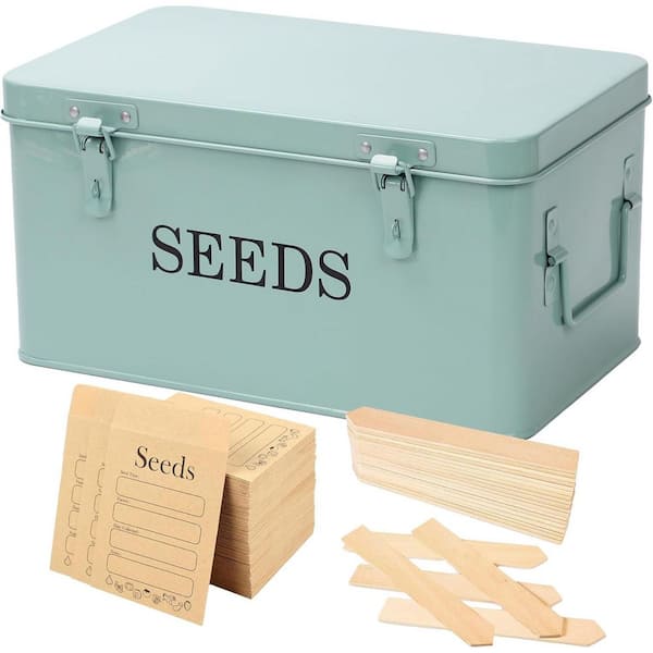 Large Green Metal Seed Storage Box 4 Compartments w/ 40 Envelopes & 20 Bamboo Plant Labels