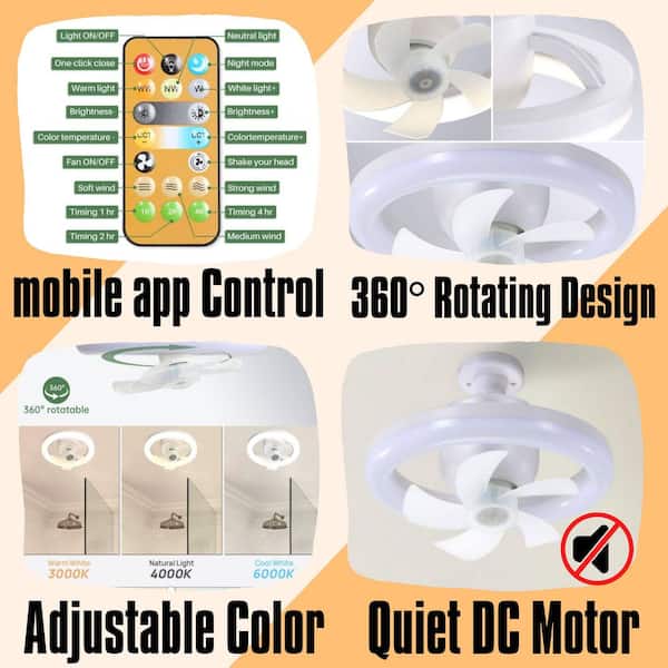 8 in. Indoor White Low Profile Socket Ceiling Fan with 3-Color LED Light with Remote Included