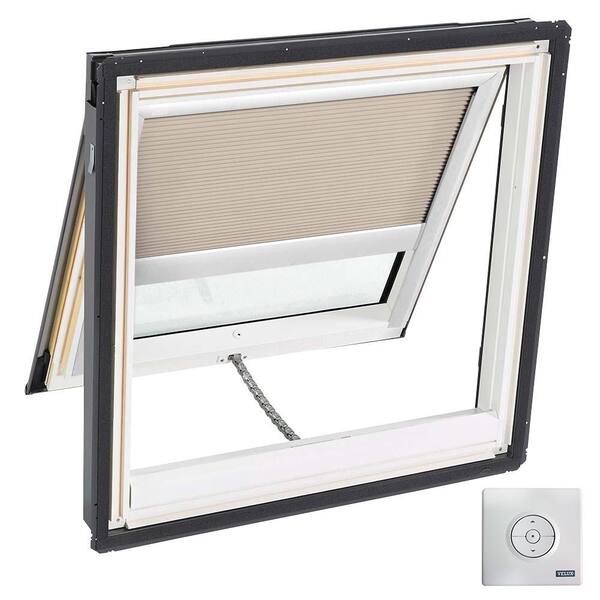 VELUX 21 in. x 26-7/8 in. Solar Powered Venting Deck-Mount Skylight with Laminated Low-E3 Glass and Beige Room Darkening Blind